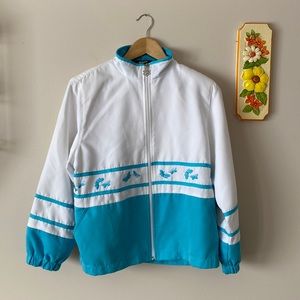 Vintage Bomber Butterfly Embroidered Blue and White Zip Lined Jacket Spring